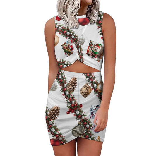 “Westie Christmas Ornament Prism White” Women's Navel-Baring Cross-Fit Hip Dress - Sizes S - 5X