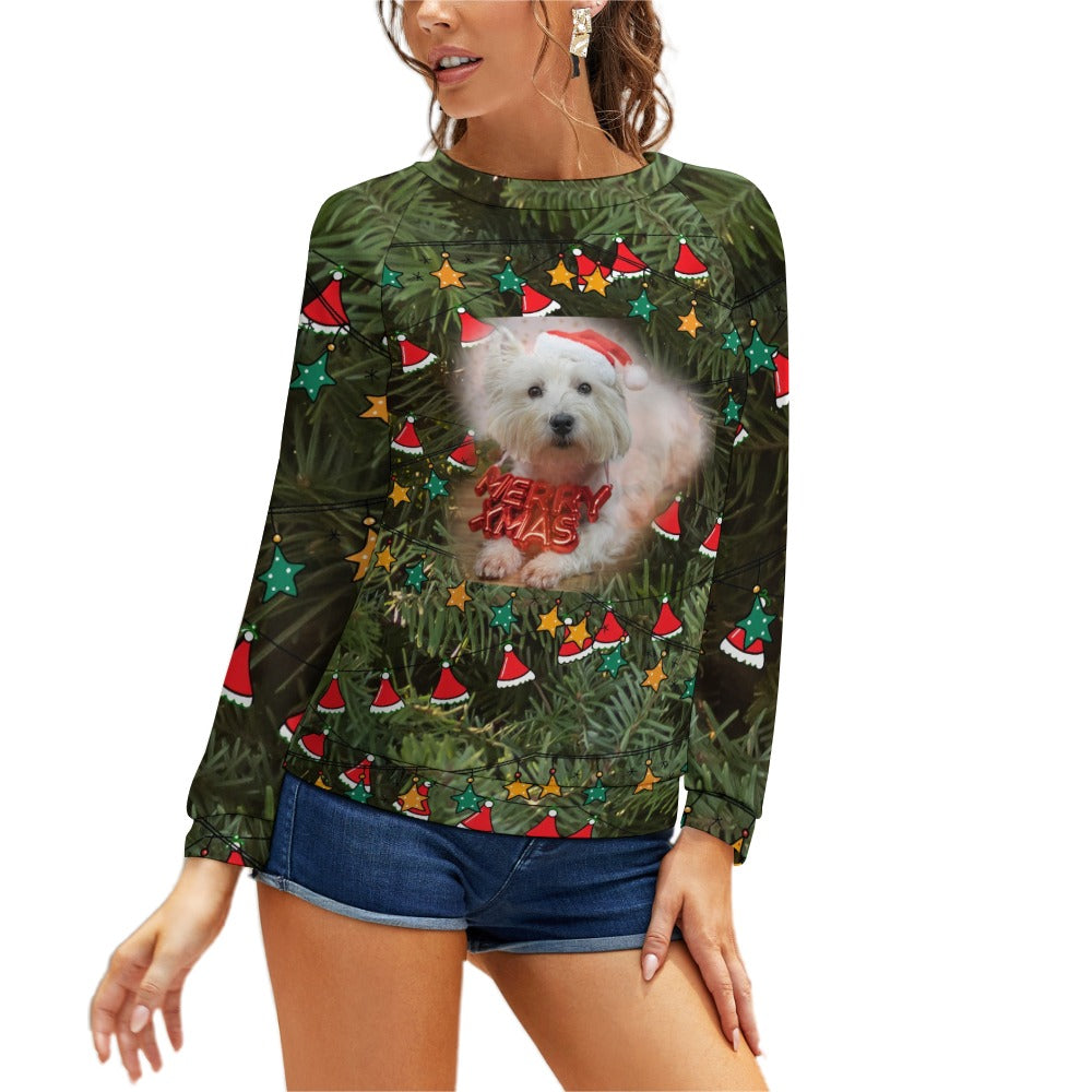 “A Westie Merry Christmas” Women's Ugly Christmas Sweater Raglan Round Neck - Sizes M - 5XL