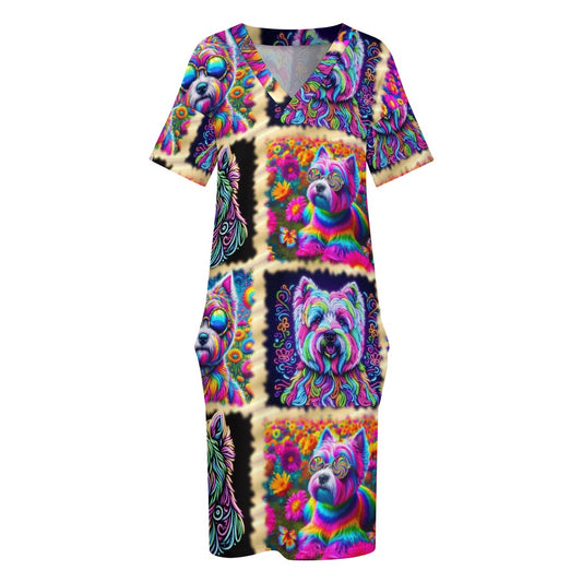 “The Westie Psychedelic Make-Over” Women's Loose Pocket Dress – Sizes S – 5XL