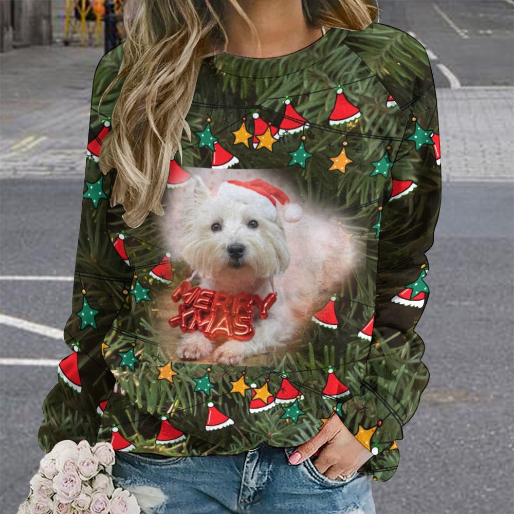 “A Westie Merry Christmas” Women's Ugly Christmas Sweater Raglan Round Neck - Sizes M - 5XL