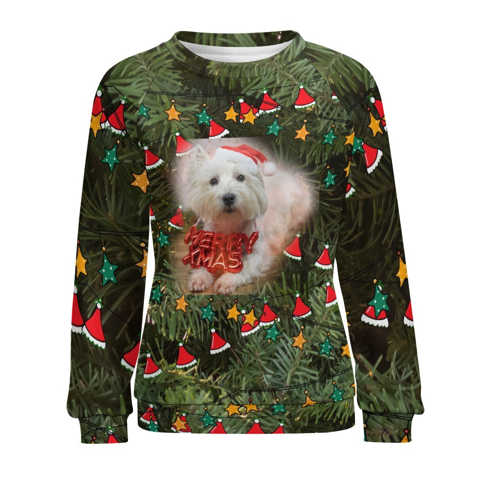 “A Westie Merry Christmas” Women's Ugly Christmas Sweater Raglan Round Neck - Sizes M - 5XL