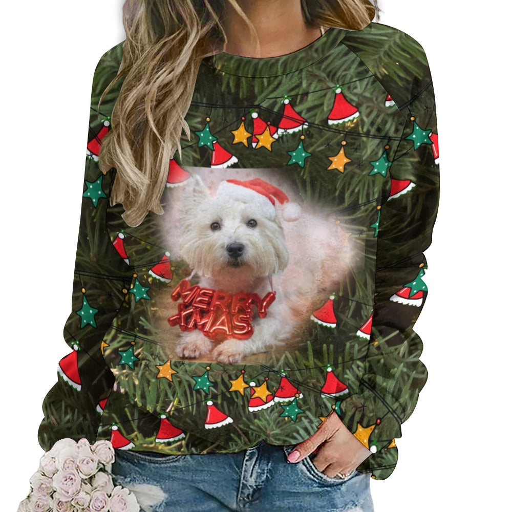 “A Westie Merry Christmas” Women's Ugly Christmas Sweater Raglan Round Neck - Sizes M - 5XL